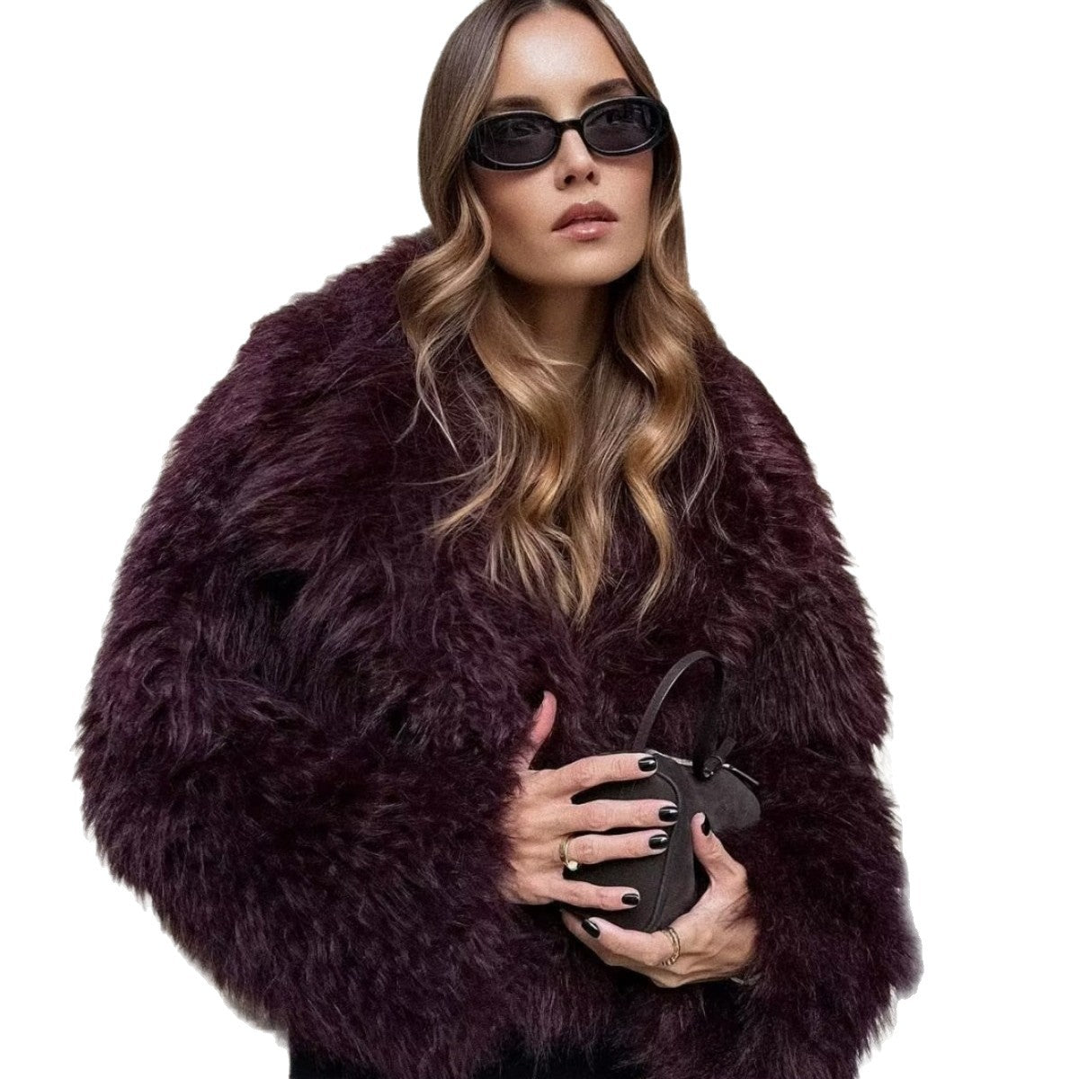 Ladies Short Boxy Plush Jacket in Shaggy Look with Dropped Lapel Chichicherry