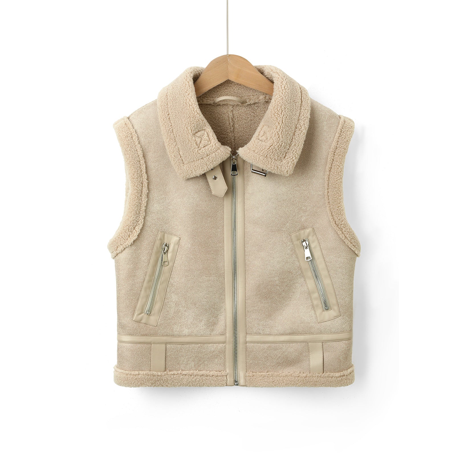 Women's Sleeveless Lambskin Look Vest with Teddy Lining and Zipper Chichicherry