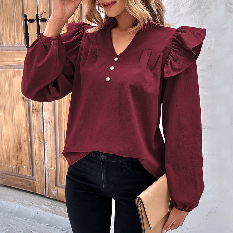 Women's Romantic Ruffled Blouse with Stand Collar, V-Neck and Balloon Sleeves Chichicherry