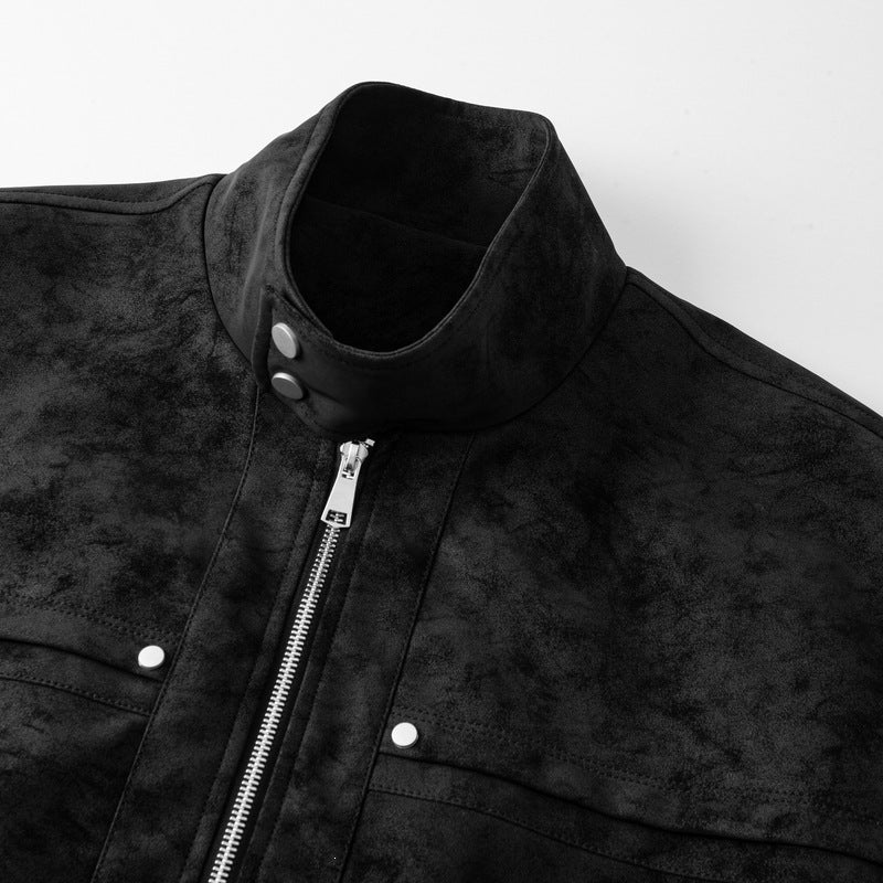 Men's Suede-Look Bomber Jacket with Stand-Up Collar, Zipper and Elastic Hem Chichicherry