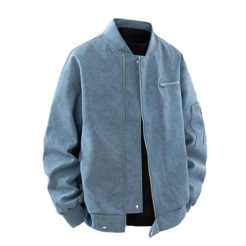 Men's Suede Look Bomber Jacket with Full Zip, Rib Collar and Utility Pockets Chichicherry