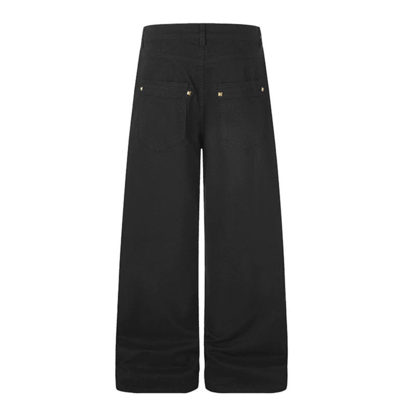 Women's Wide High-Waist Culotte Jeans in Utility Look with Decorative Tabs and Metal Rivets Chichicherry
