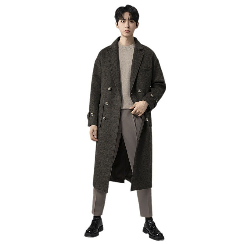 Men's Maxi Length Wool Blend Coat in Tweed Look with Oversized Cut, Double Breasted and Belted Chichicherry