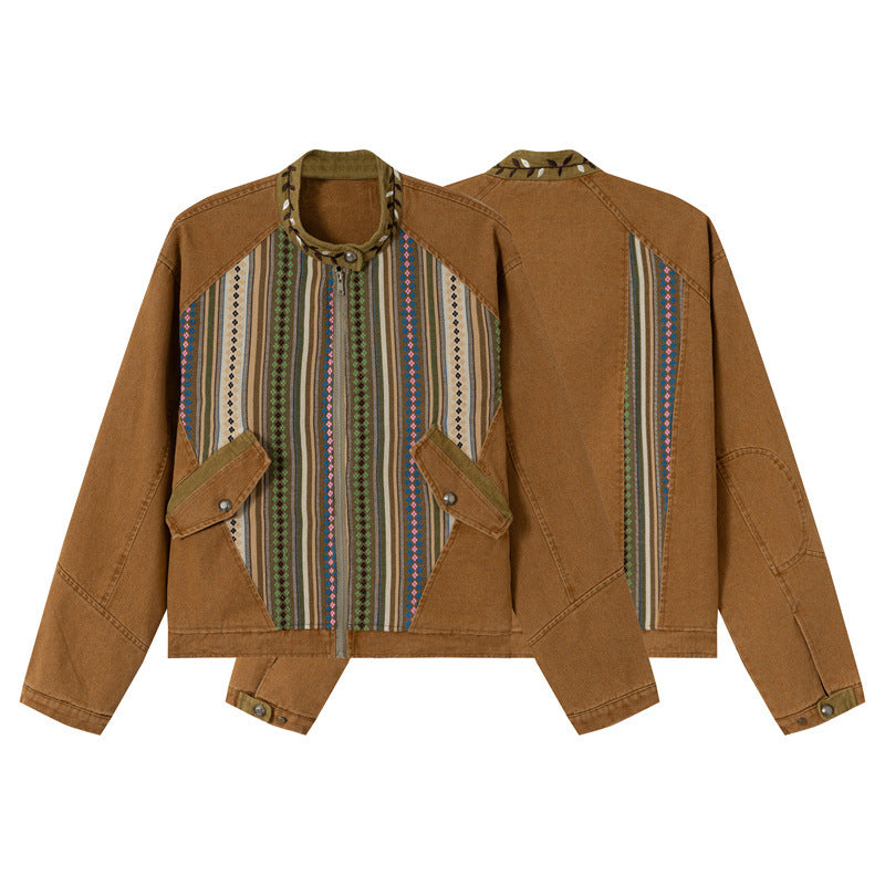 Women's Short Canvas Blouson with Woven Ethno Striped Front and Flap Pockets Chichicherry