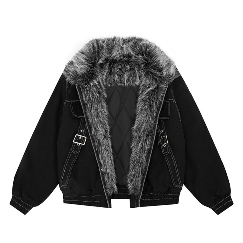 Women's padded bomber jacket with faux fur collar, contrast stitching, and buckle details Chichicherry