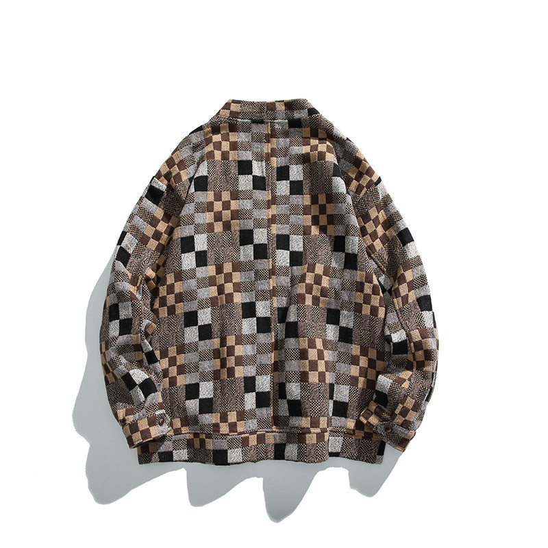Unisex Boxy Cardigan in Patchwork Check with V-neck, snap front, and patch pockets Chichicherry