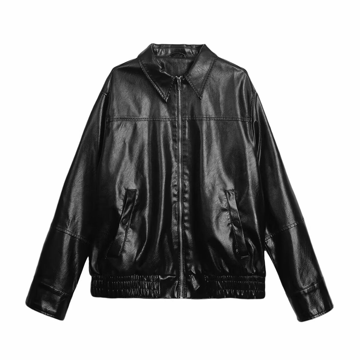 Women Boxy Faux Leather Blouson Jacket with Shirt Collar, Zipper and Elastic Hem Chichicherry