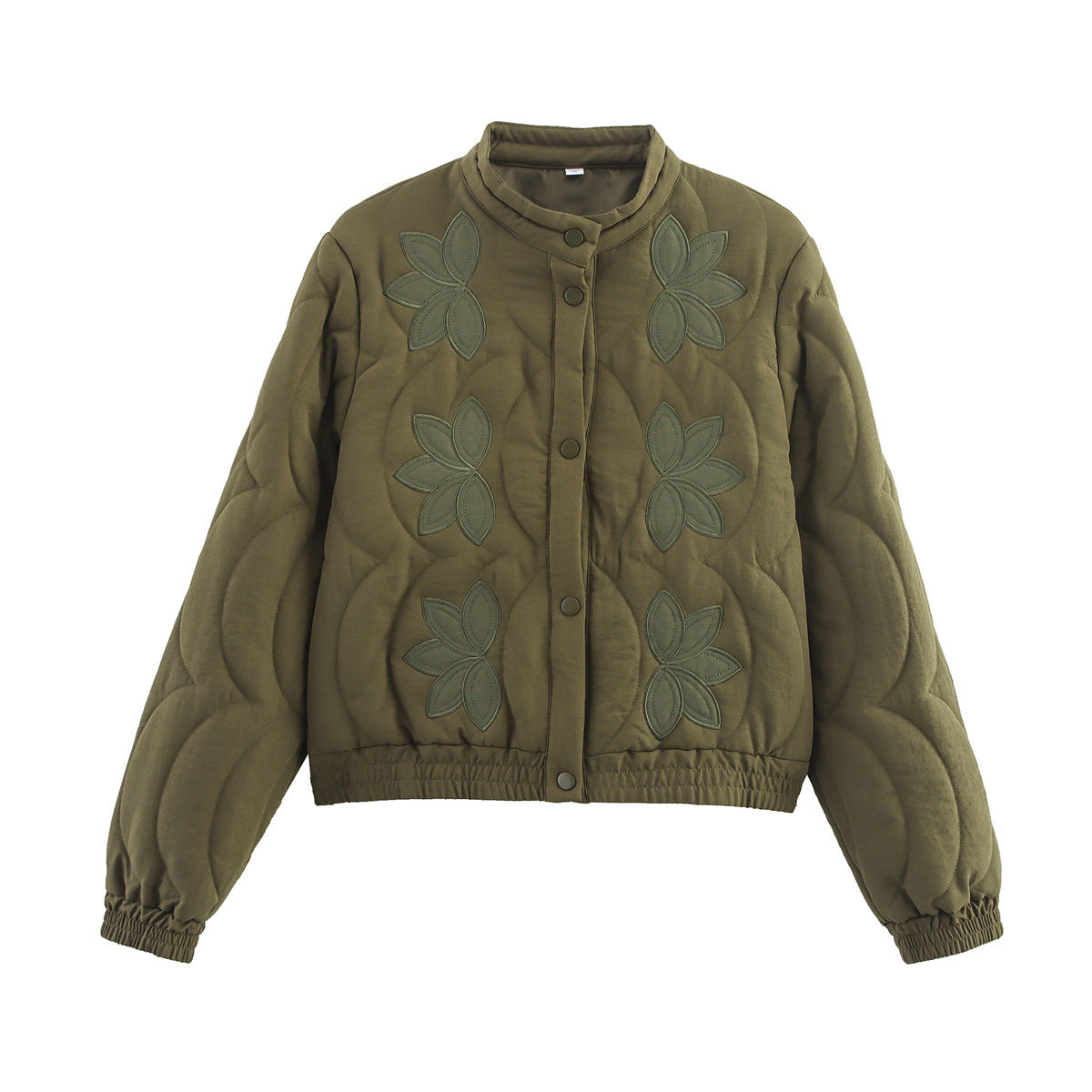 Women Short Quilted Blouson with Floral Quilted Application, Stand-up Collar and Elastic Waistband Chichicherry