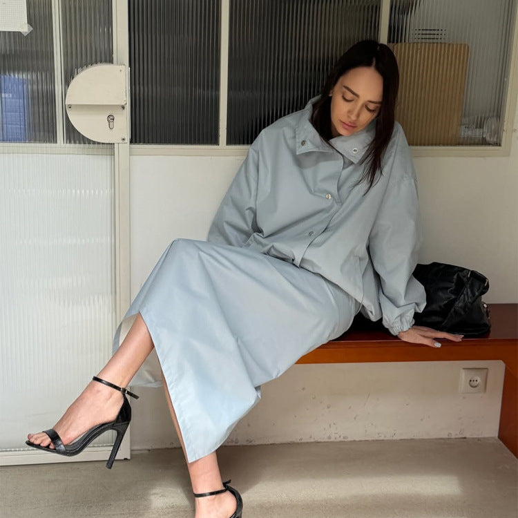 Women's Two-Piece Co-Ord Set made of Lightweight Windbreaker with Drawstring and Tailored Maxi Skirt Chichicherry