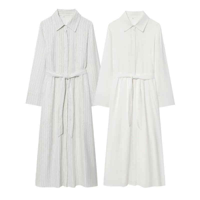 Women Long Shirt Dress with Waist Belt and Continuous Button Placket Chichicherry