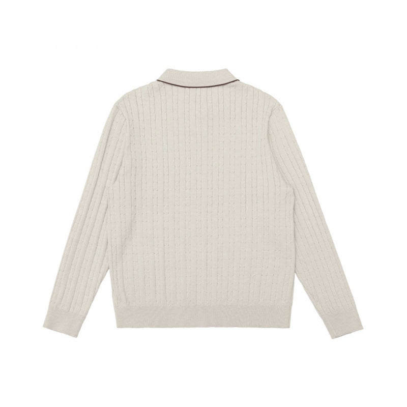 Men's polo collar knitted sweater with cable pattern and fine button placket Chichicherry