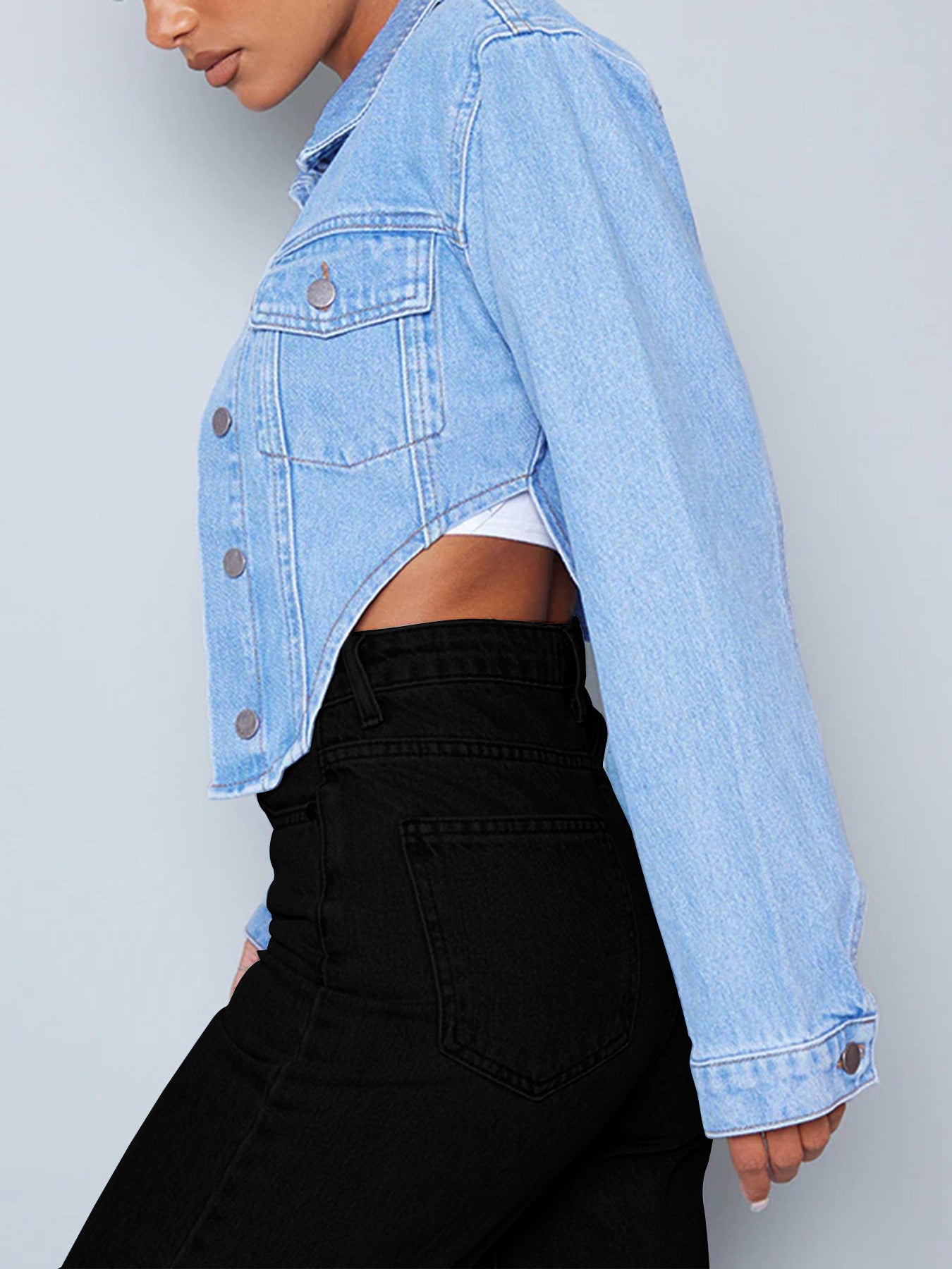 Women's short tailored cropped denim jacket with curved V hem Chichicherry