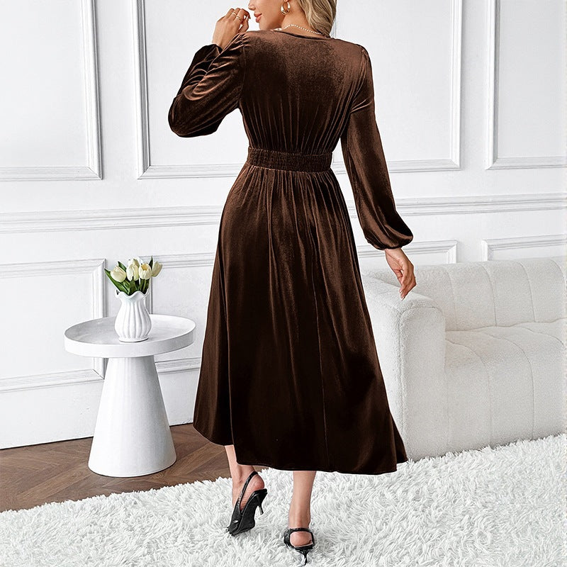 Ladies Elegant Velvet Dress with V-Neck, Lace Trim and Tailored Midi Length Chichicherry