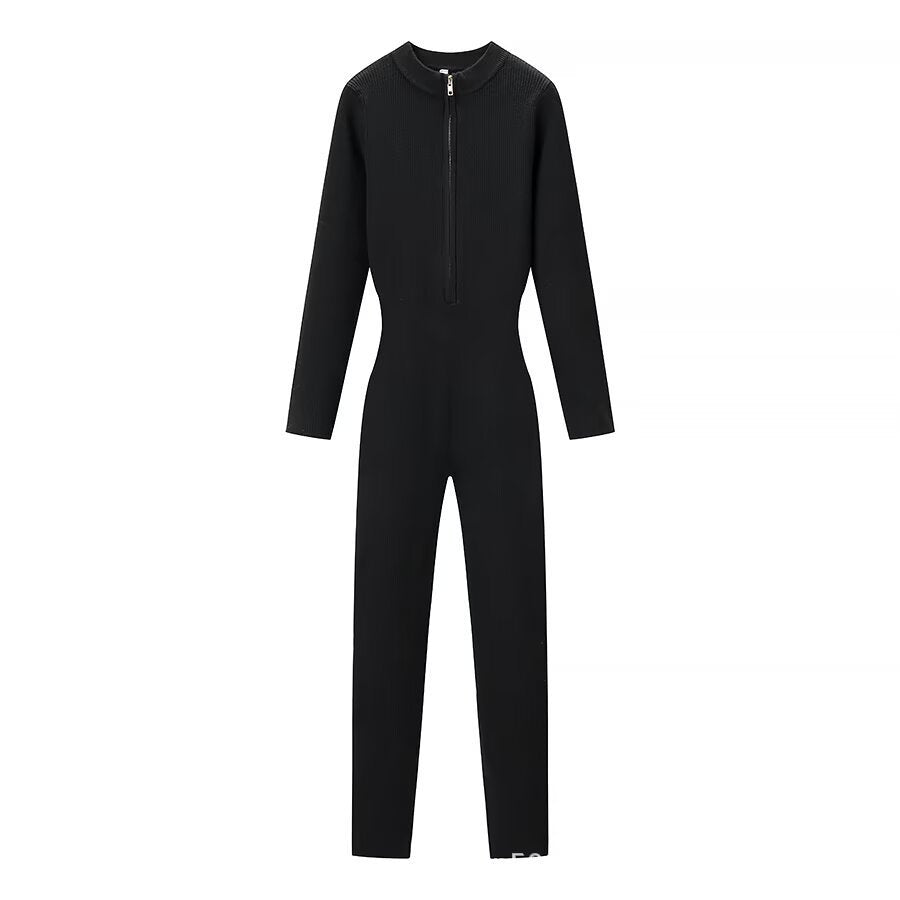 Women's figure-hugging knitted overall with stand-up collar and front zipper Chichicherry