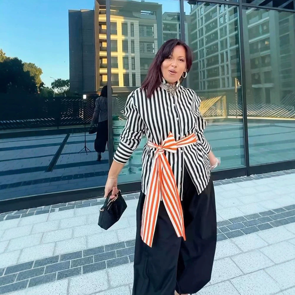 Women Vertical Striped Oversize Shirt Blouse with Boxy Silhouette and Tie Belt Chichicherry