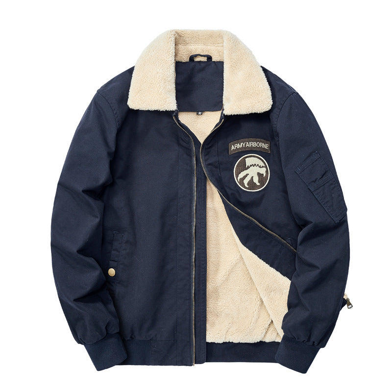 Men's Fleece-Lined Flight Jacket Blouson with Sherpa Collar and Patch Details Chichicherry
