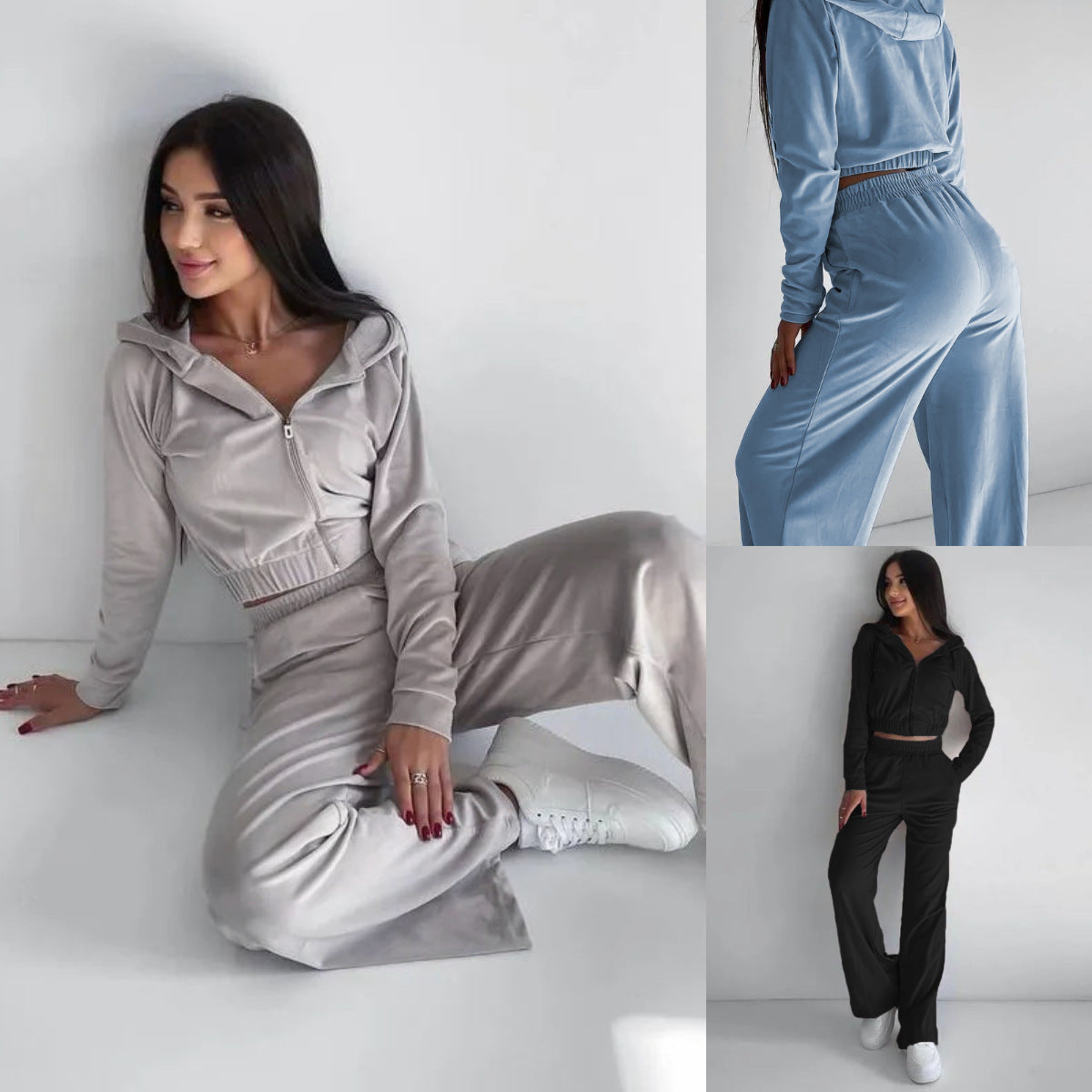 Damen Cropped Velours-Loungewear-Set mit Reißverschluss, Kapuze und High-Waist Jogpant Chichicherry