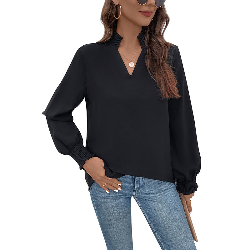 Women's Lightweight Viscose Blouse with Gathered Stand Collar, V-Neck and Smocking Cuffs