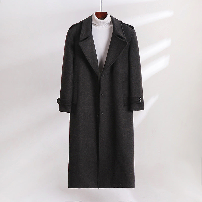 Men's Maxi-Length Wool Blend Overcoat with Boxy Silhouette, Shawl Collar and Decorative Epaulettes Chichicherry