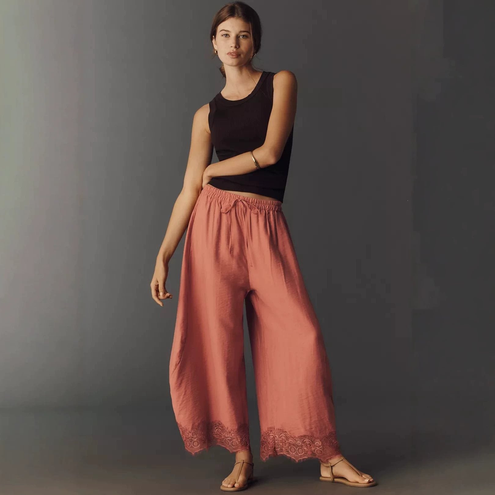 Women Wide Palazzo Pants with Elastic Drawstring Waistband and Lace Trim Chichicherry