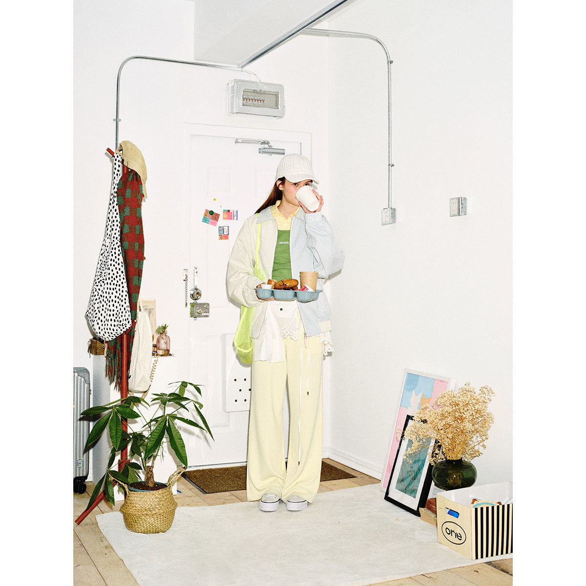 Unisex Striped Pastel Corduroy Jacket in Boxy Cut with Shirt Collar and Elastic Cuff Chichicherry