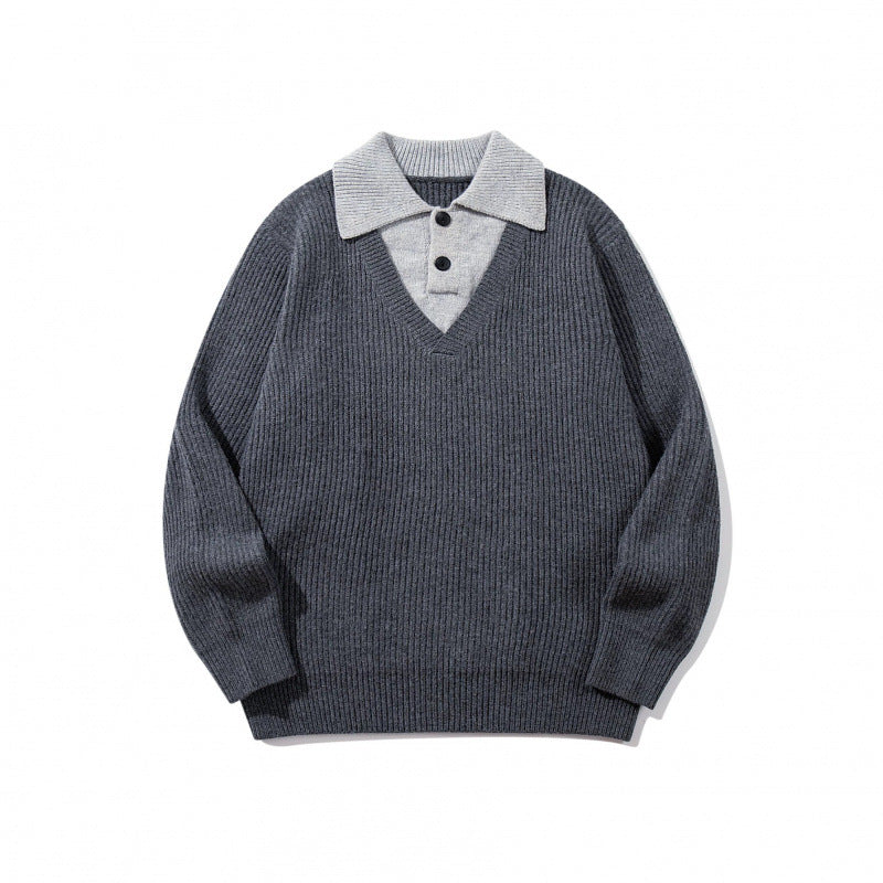 Unisex chunky knit boxy sweater with V-neck and contrasting polo button collar Chichicherry