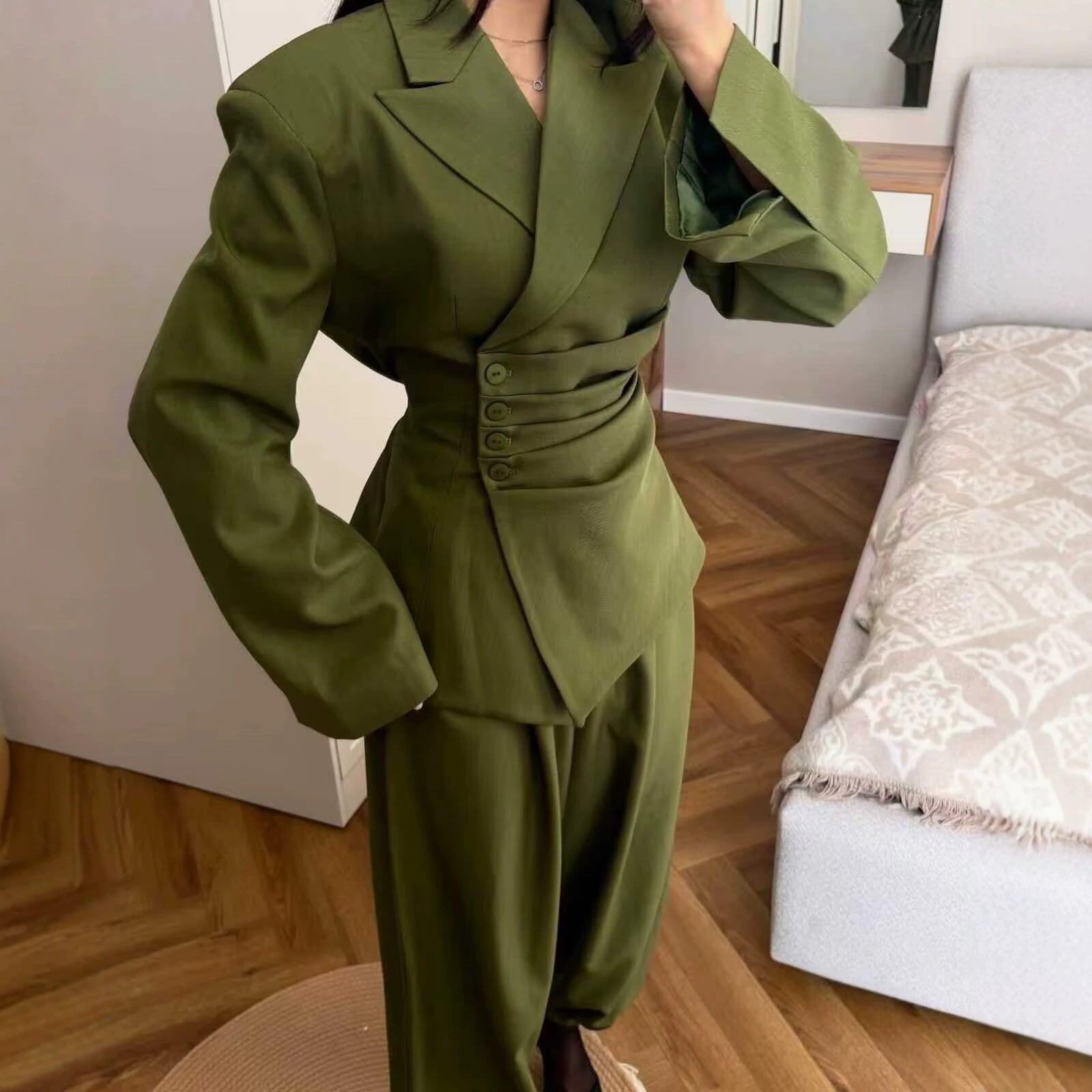 Women's Tailored Blazer with Side Pleats and Asymmetrical Button Placket Chichicherry