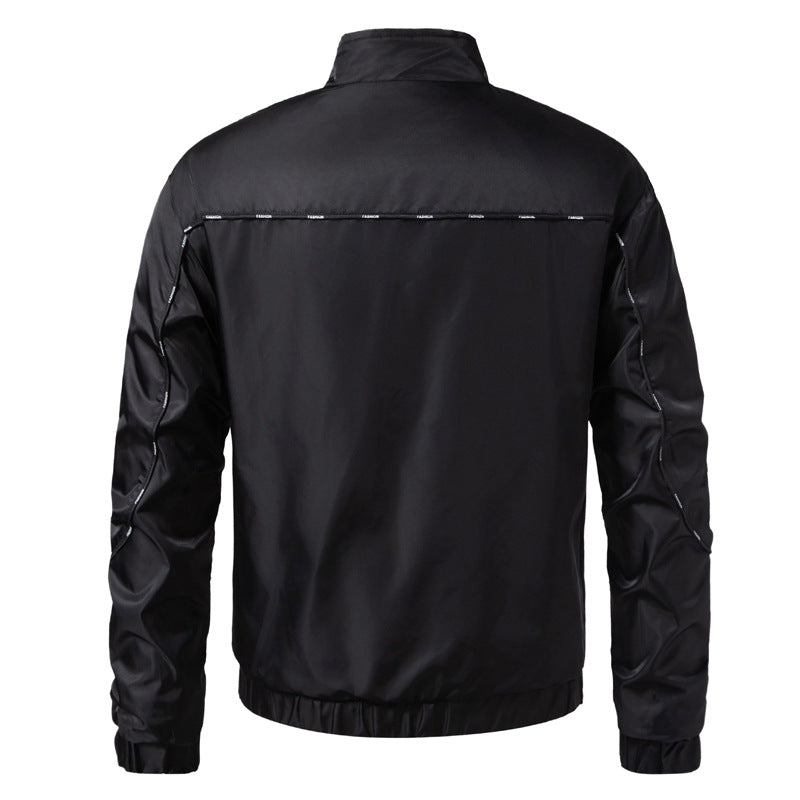 Men's Lightweight Utility Bomber Jacket with Flap Pockets, Stand-Up Collar, and Elastic Hem Chichicherry