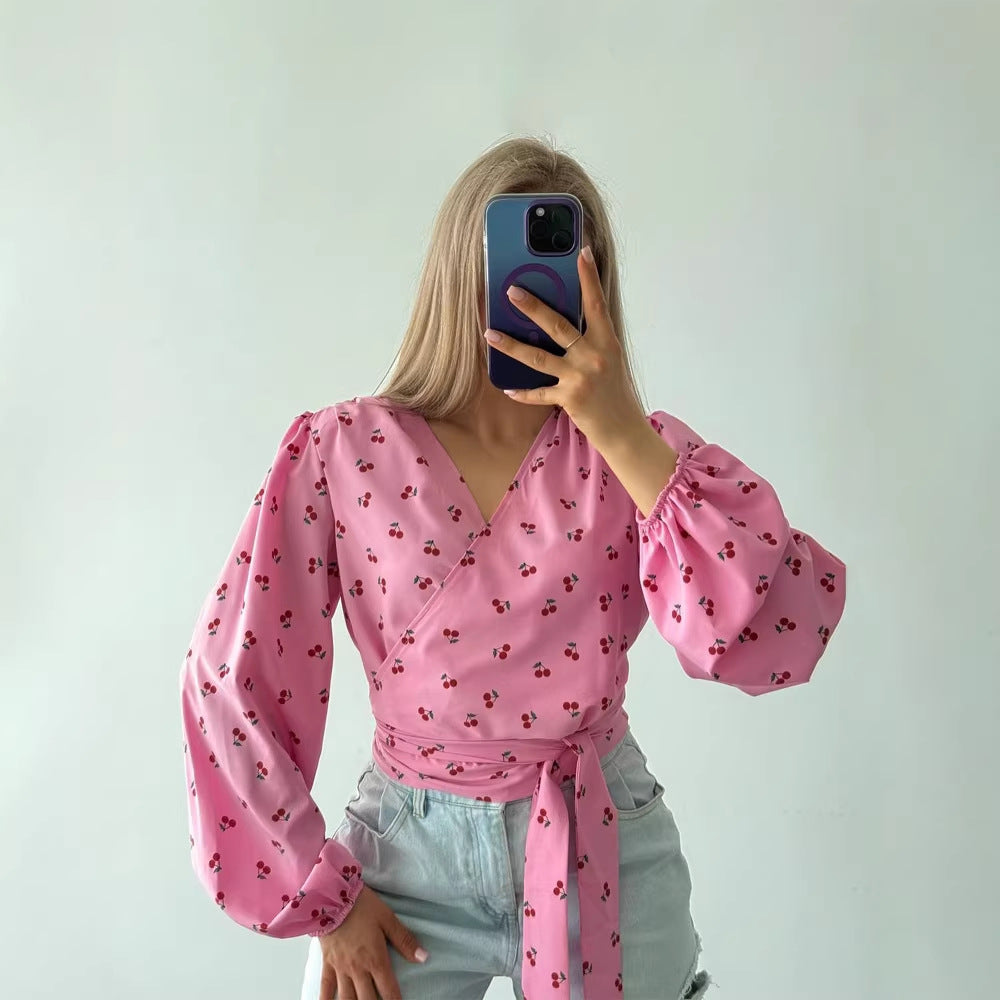 Women's wrap blouse with cherry print, wide puff sleeves & tie belt Chichicherry