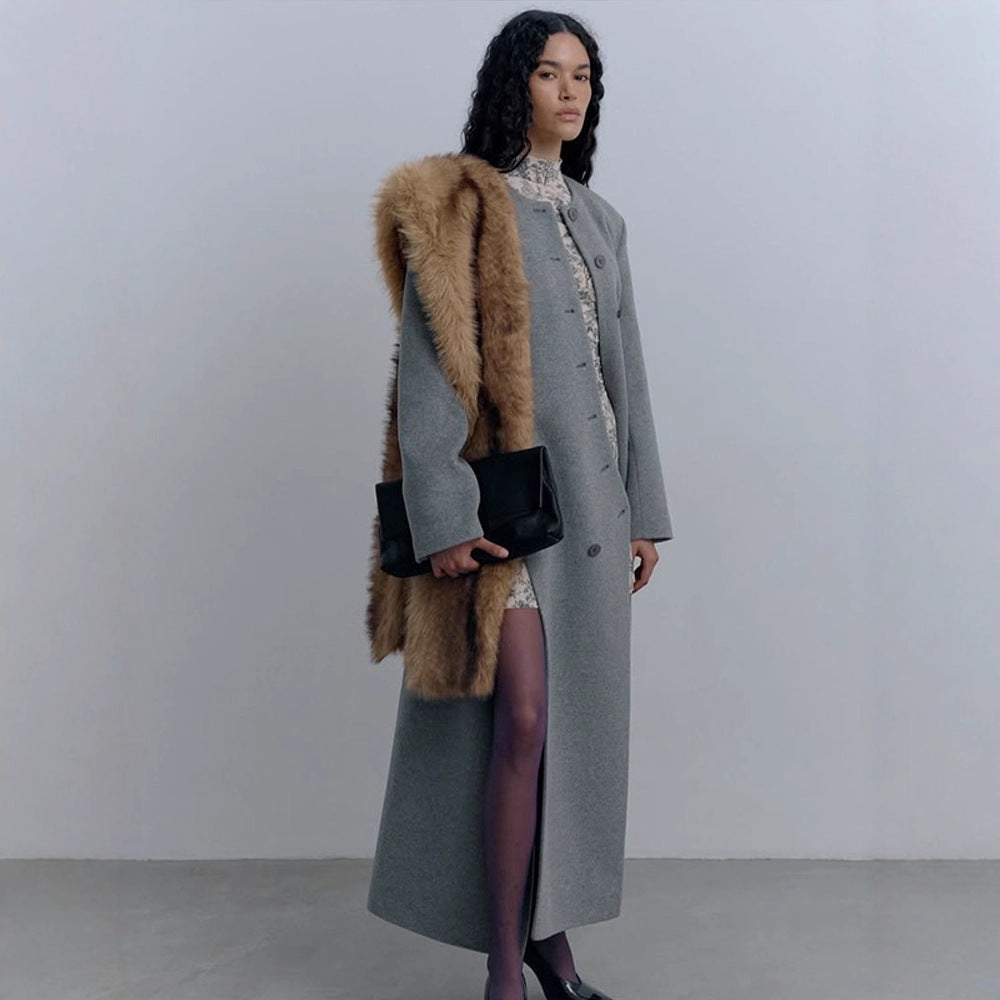 Women Long tailored wool mix coat with round neckline and asymmetric button placket Chichicherry