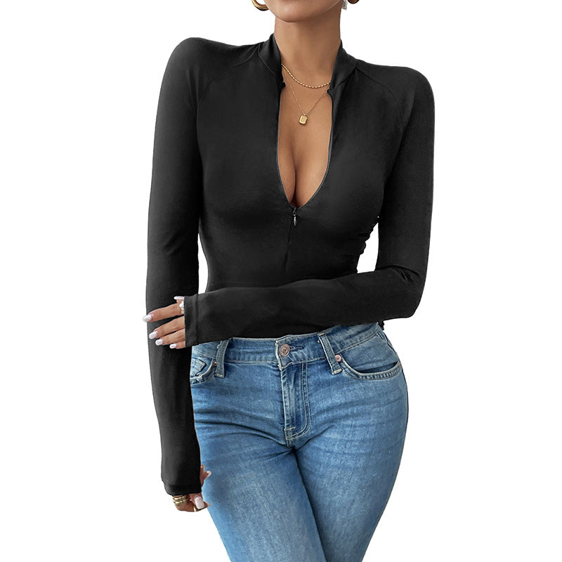 Women Tailored Long Sleeve Shirt with Short Zipper and Stand-Up Collar Chichicherry