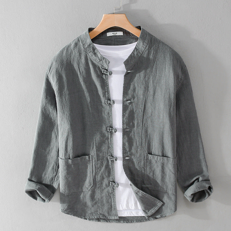 Men's Relaxed Linen Overshirt with Stand-Up Collar and Traditional Knot Closures Chichicherry