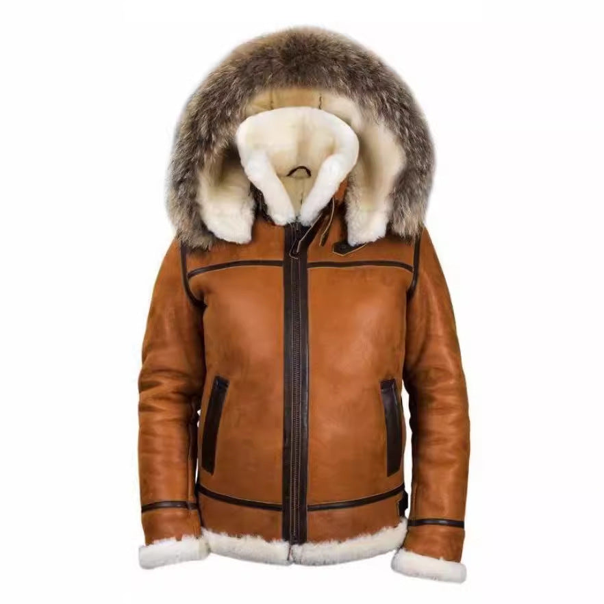 Men's shearling bomber jacket in aviator style with hood and contrasting leather trim Chichicherry