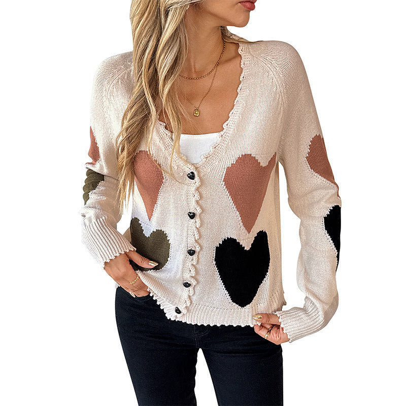 Women Knitted V-Neck Cardigan with Heart Intarsia and Wavy Edge Chichicherry