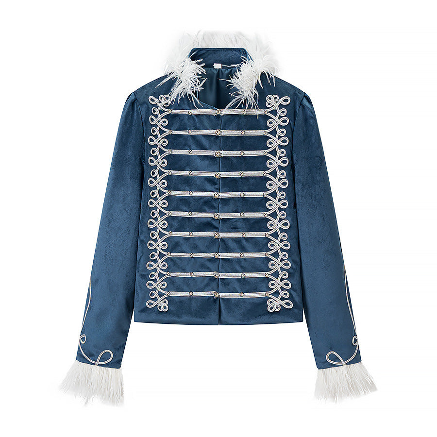Women's Velvet Military Jacket with Decorative Straps and Feather Trim Chichicherry