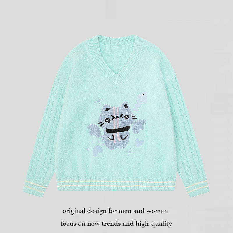 Women's V-neck knitted sweater with cable sleeves and chenille cat motif Chichicherry