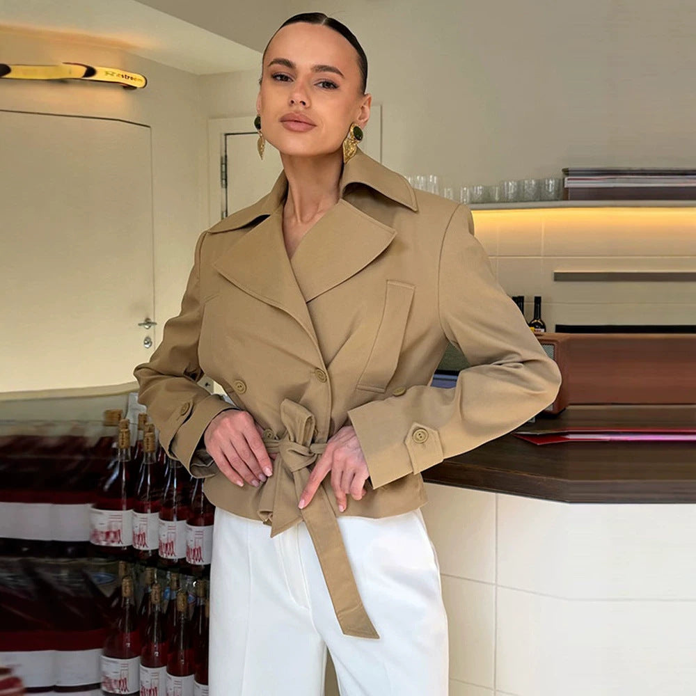 Women Tailored Trench Set with Peplum, Tied Belt & Pencil Skirt Chichicherry