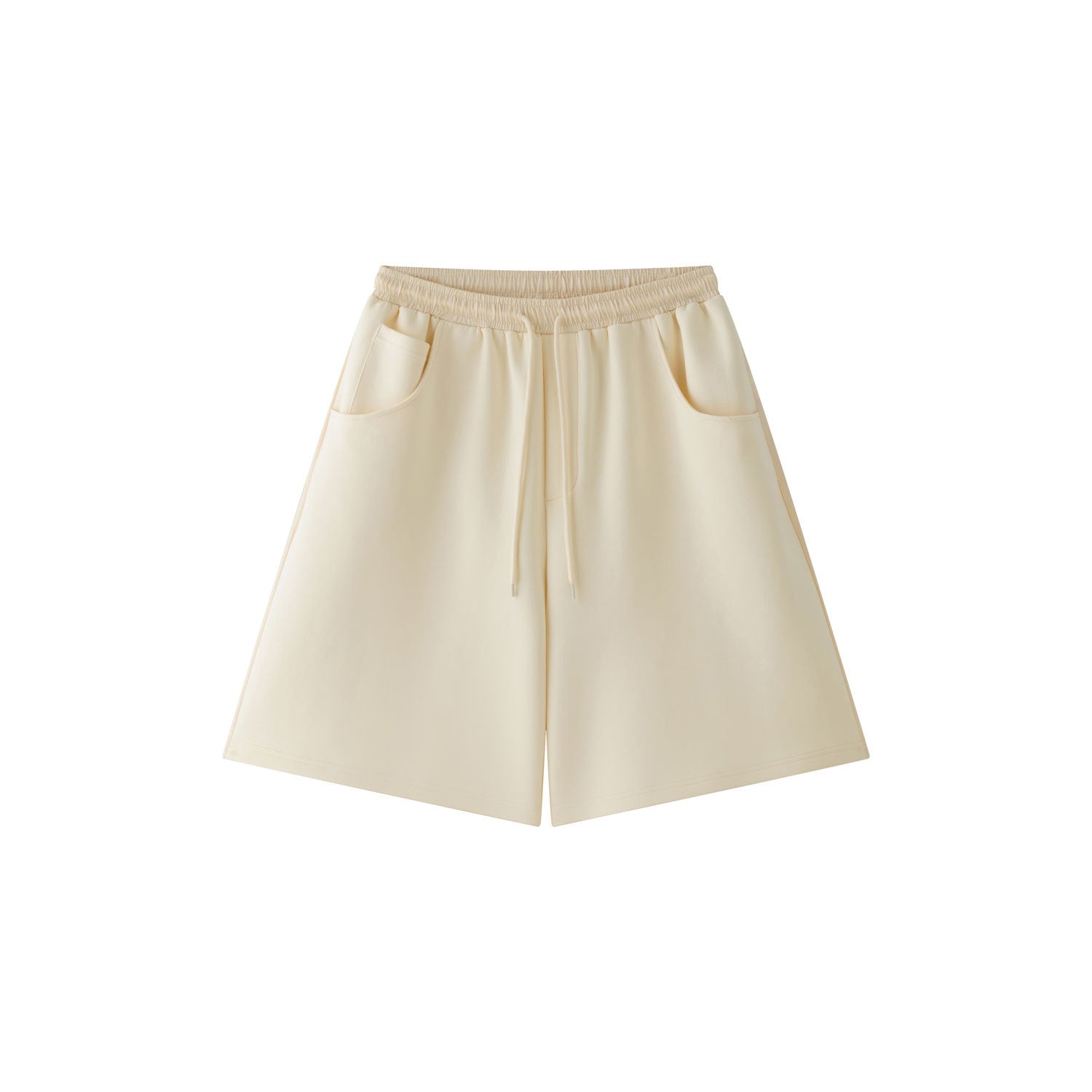 Women's knee-length sweat shorts with elastic waistband, drawstring, and side satin detail