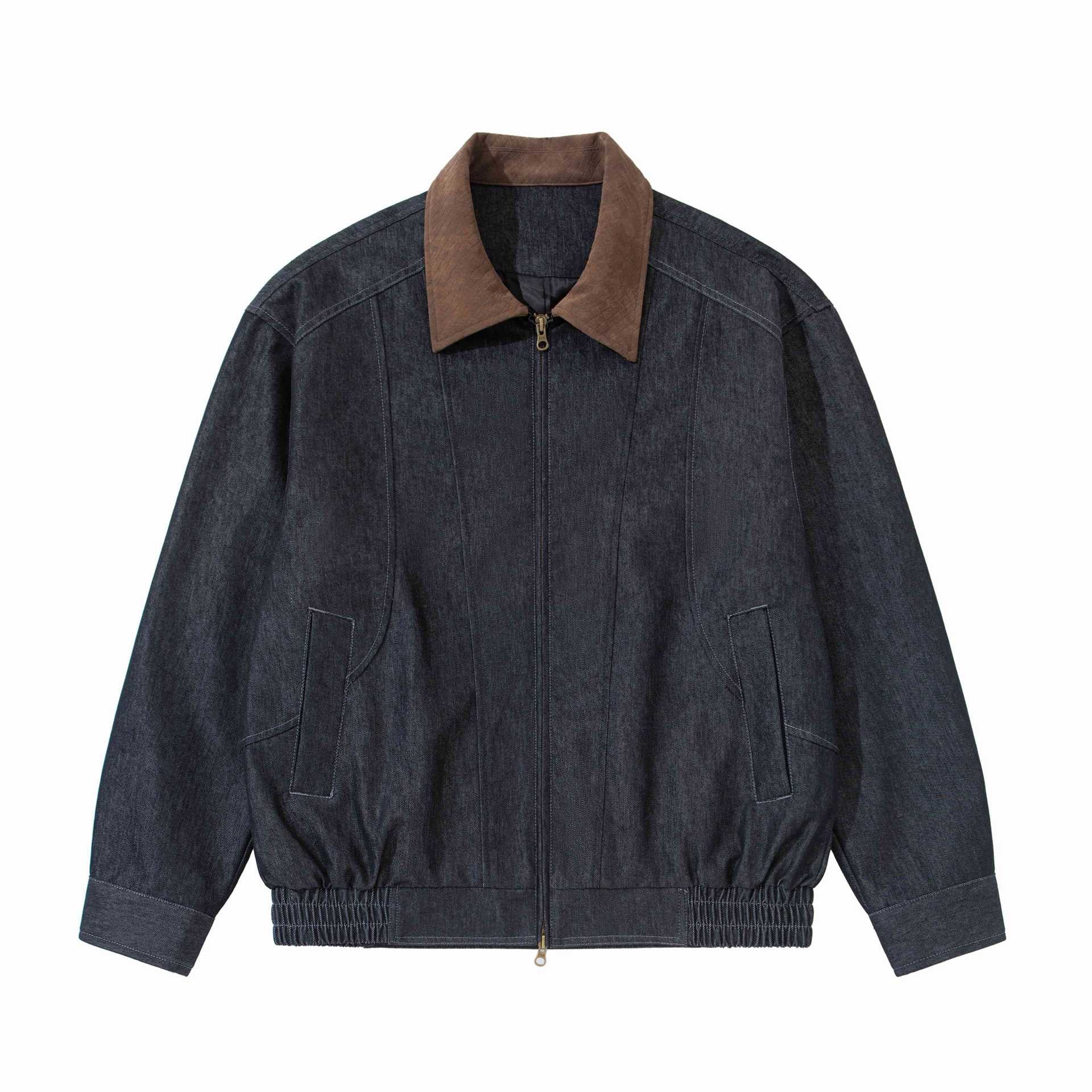 Men's Boxy Denim Blouson Jacket with Suede Collar and Elastic Hem Chichicherry