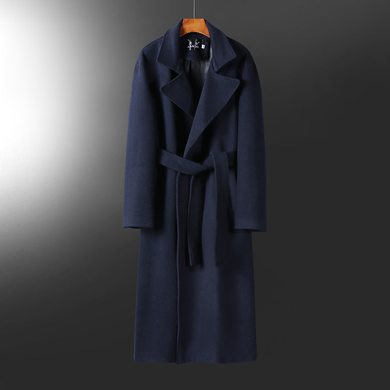 Men's Maxi-length tailored wool blend coat with wide shawl collar and belt Chichicherry