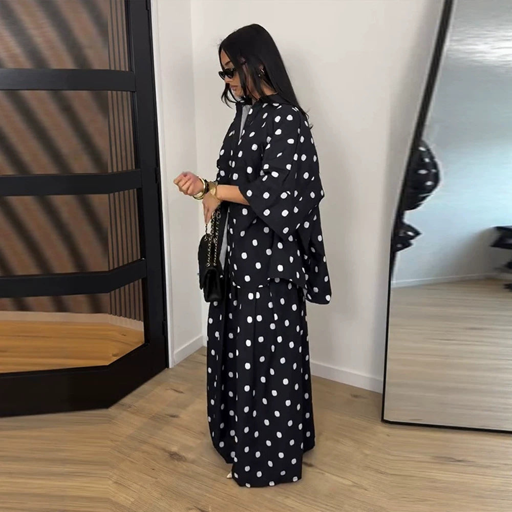 Women's Two-Piece Oversized Blouse and Palazzo Pants Set with Polka Dot Pattern Chichicherry
