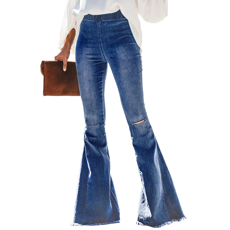 Women's high-waisted flared denim pants with elastic drawstring waistband, decorative seams, and raw hem Chichicherry