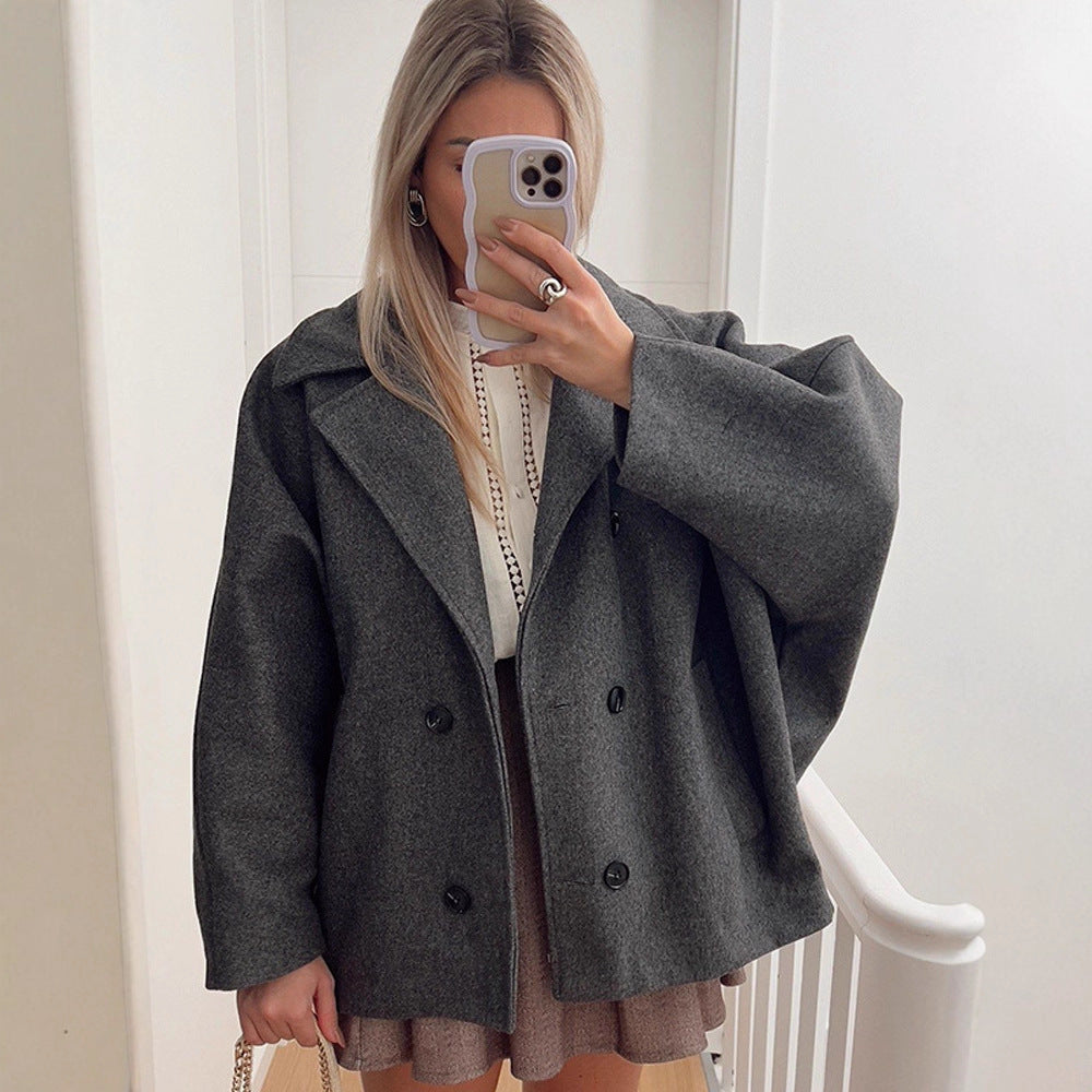 Women's Boxy Wool Blend Cocoon Jacket with Double-Breasted Button Placket and Wide Lapels Chichicherry