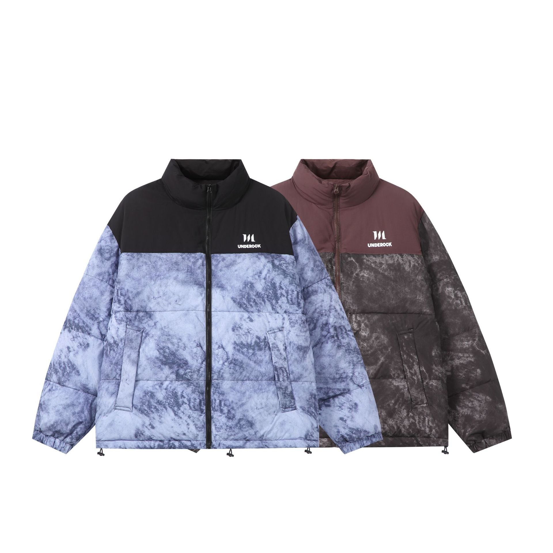 Unisex Padded Boxy Insulated Jacket with Marble Effect and High Stand-Up Collar Chichicherry