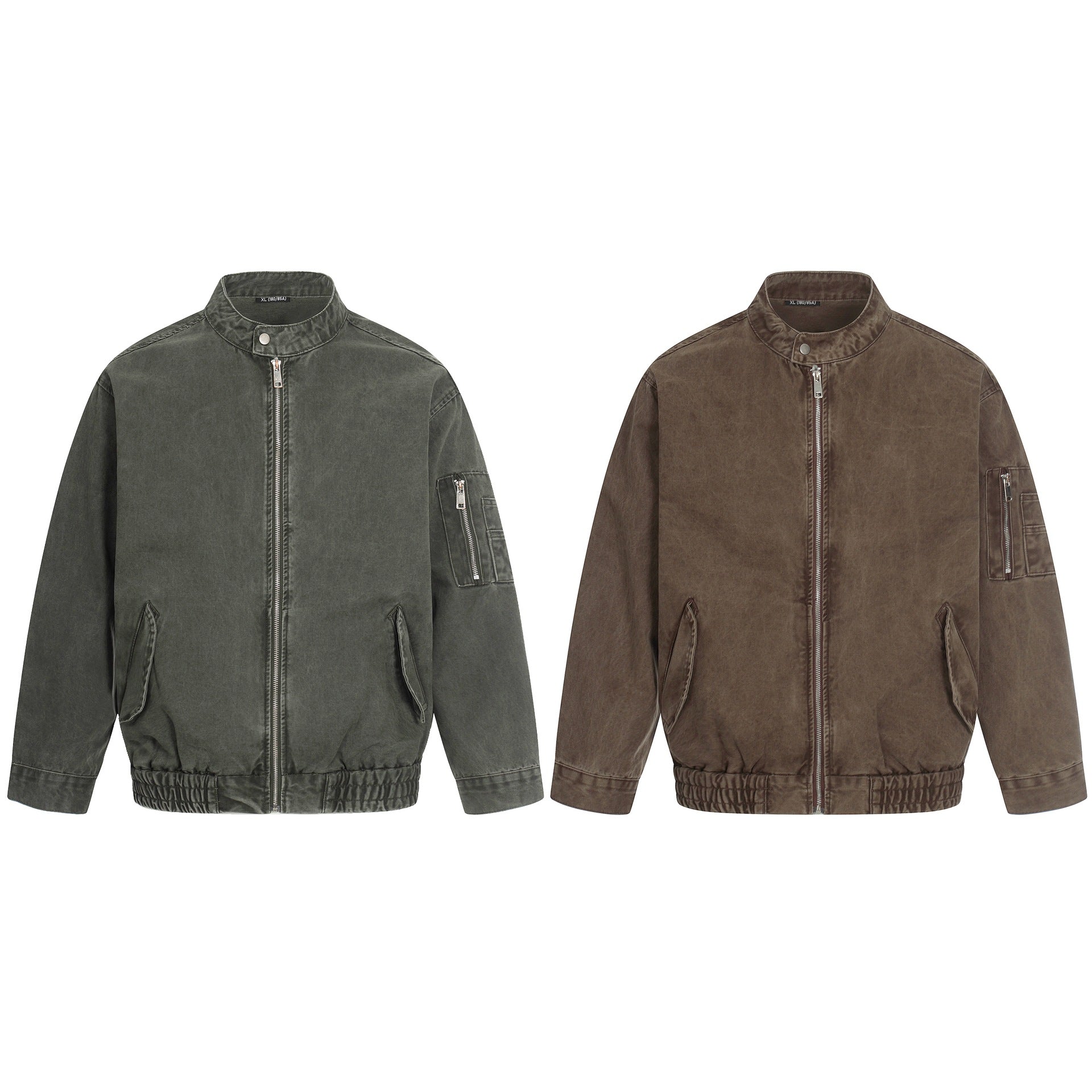 Men's short cut vintage-wash bomber jacket in boxy cut with stand-up collar and sleeve zip.