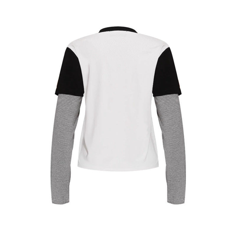 Women's Layered Long Sleeve Shirt with Photo Print, Contrasting Short Sleeves and Striped Inner Sleeves Chichicherry