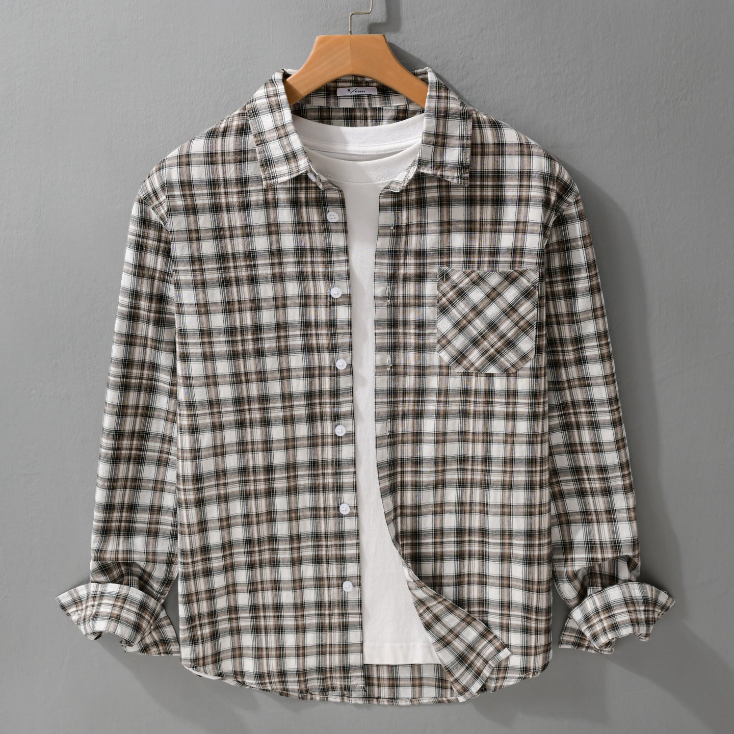 Men's Loose Check Layering Shirt made of lightweight cotton blend with diagonal patterned patch pocket Chichicherry