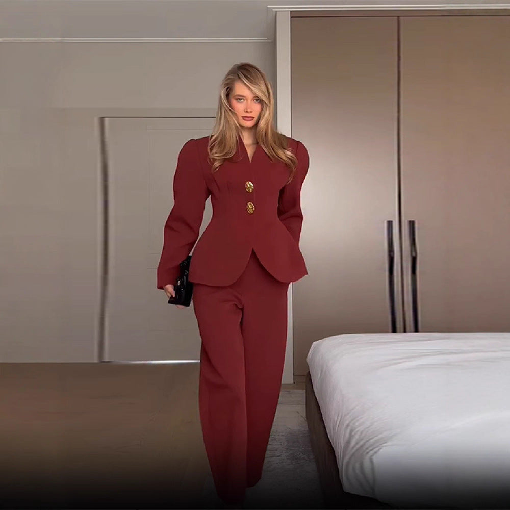 Women's Tailored Blazer with Peplum and Wide High-Waisted Pants Chichicherry