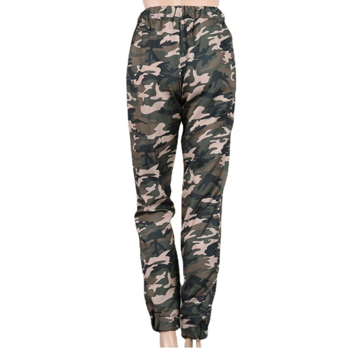 Ladies High-Waist Cargo Pants in Camouflage Design with Elastic Waistband and Cord Chichicherry