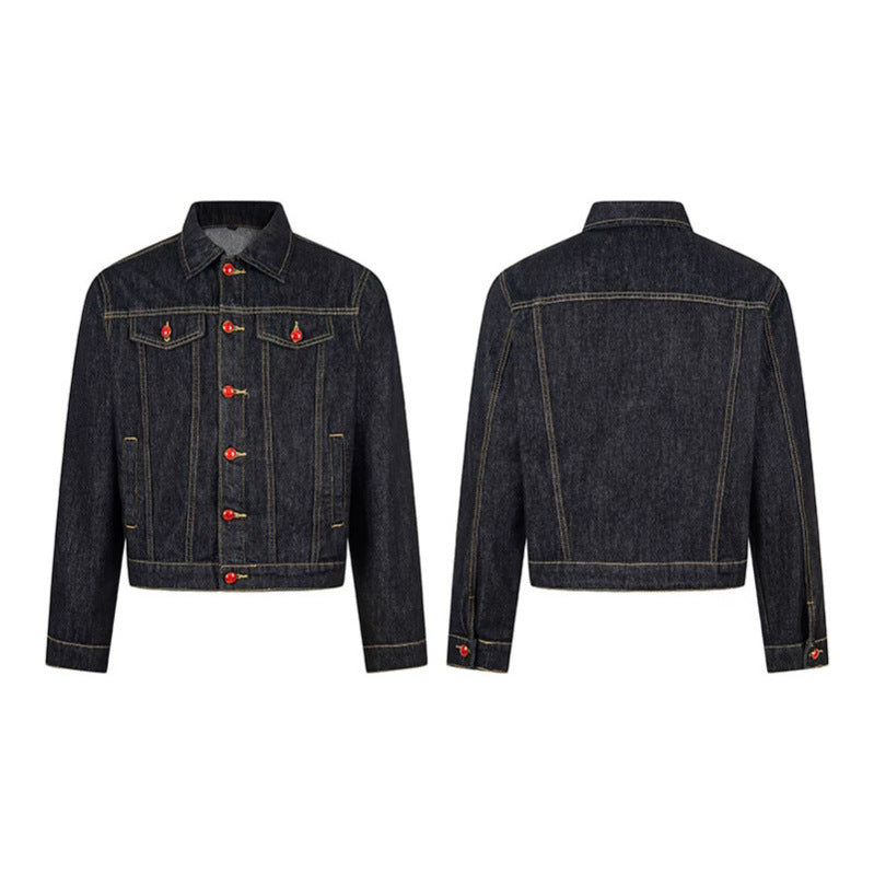 Women short-cut denim jacket in trucker style with decorative buttons Chichicherry